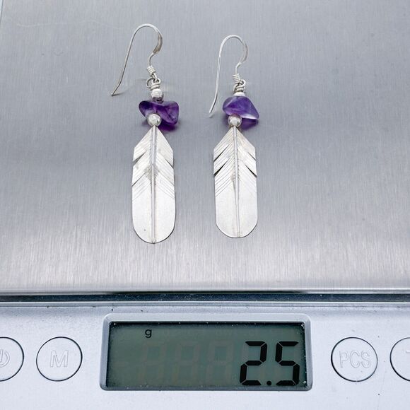Vintage LHTC Sterling Silver 925 Amethyst Feather Dangle Earrings - Picture 5 of 5